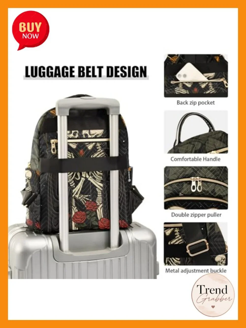 Skull in Love Women's Quilted Nylon Backpack Purse with Rose Print, Anti-Theft